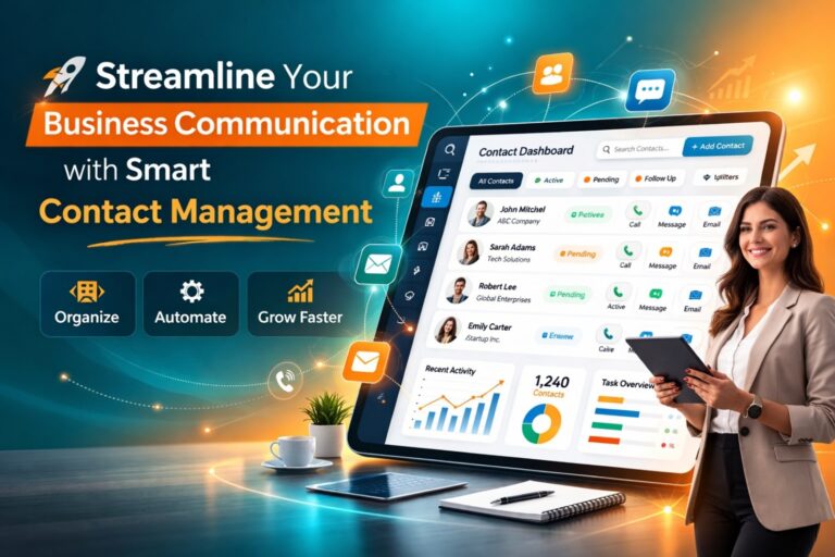 Smart Contact Management system showing organized contacts, grouped customer lists, and automated messaging for efficient business communication