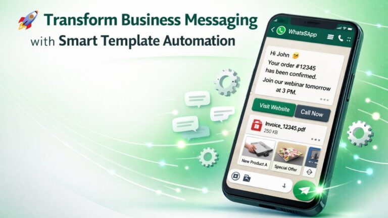 WhatsApp Template Automation interface showing message templates, bulk messaging, interactive buttons, and personalized customer communication for businesses