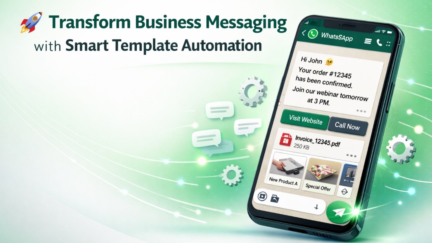 WhatsApp Template Automation interface showing message templates, bulk messaging, interactive buttons, and personalized customer communication for businesses