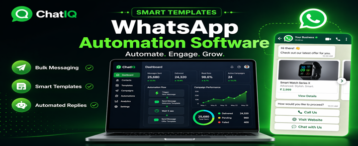 ChatIQ Business Templates interface showing automated WhatsApp messages, interactive buttons, carousel messaging, and rich media communication features for businesses